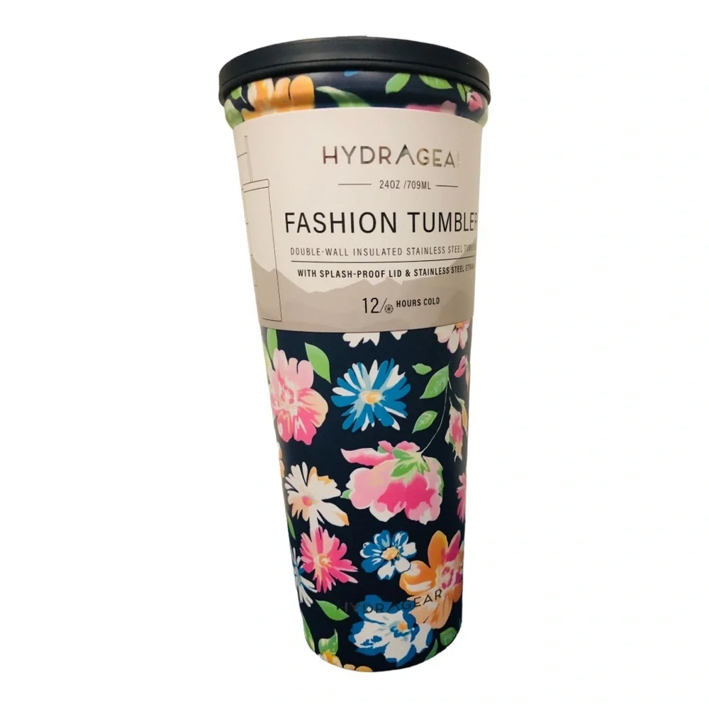 Hydrogear 24oz double wall insulated‎ stainless steel floral tumbler & straw new